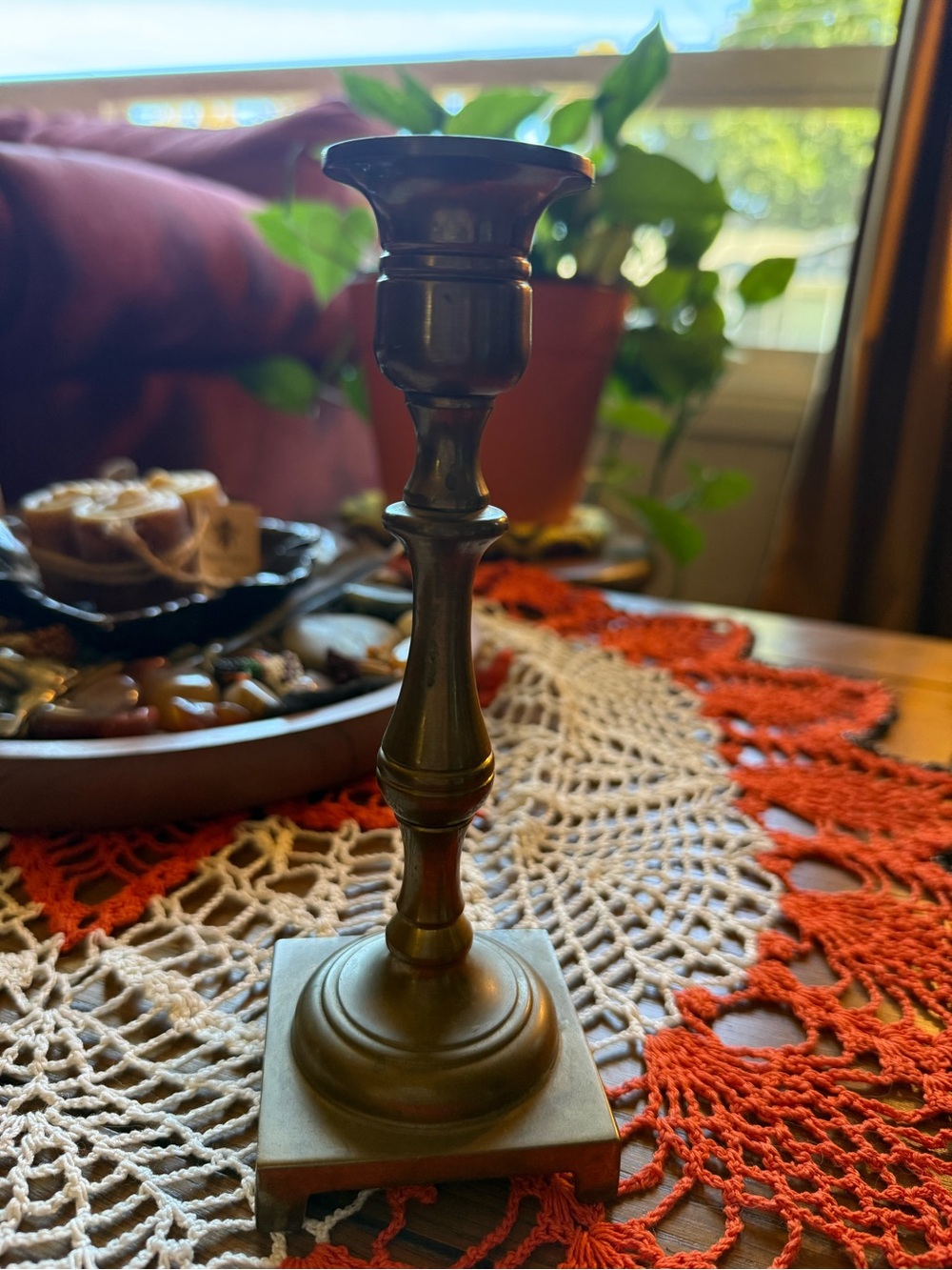 Vintage Brass Candlestick Holder 8” Square Footed Base Patina